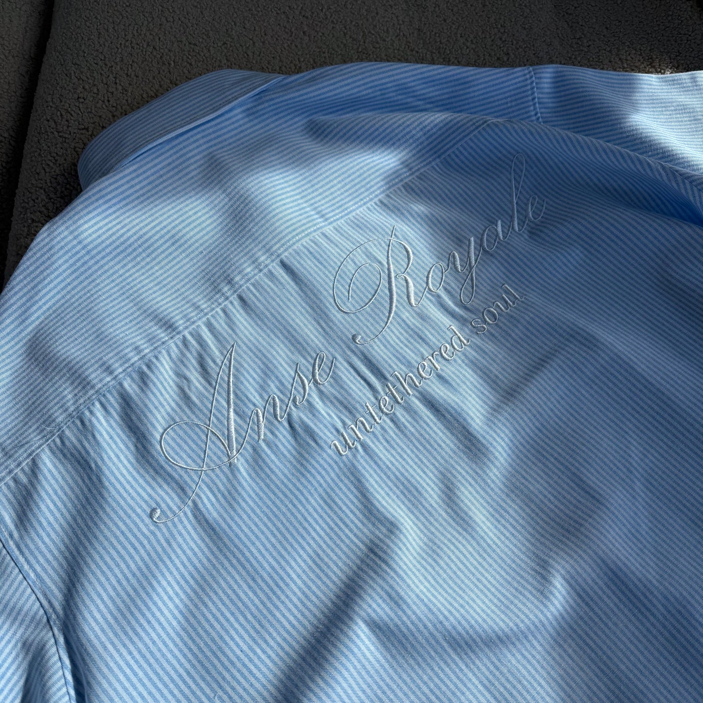 Duo Stripe Untethered Soul - Light Blue with White Embroidery - Premium Shirts & Tops from ANSE ROYALE - Shop now at ANSE ROYALE