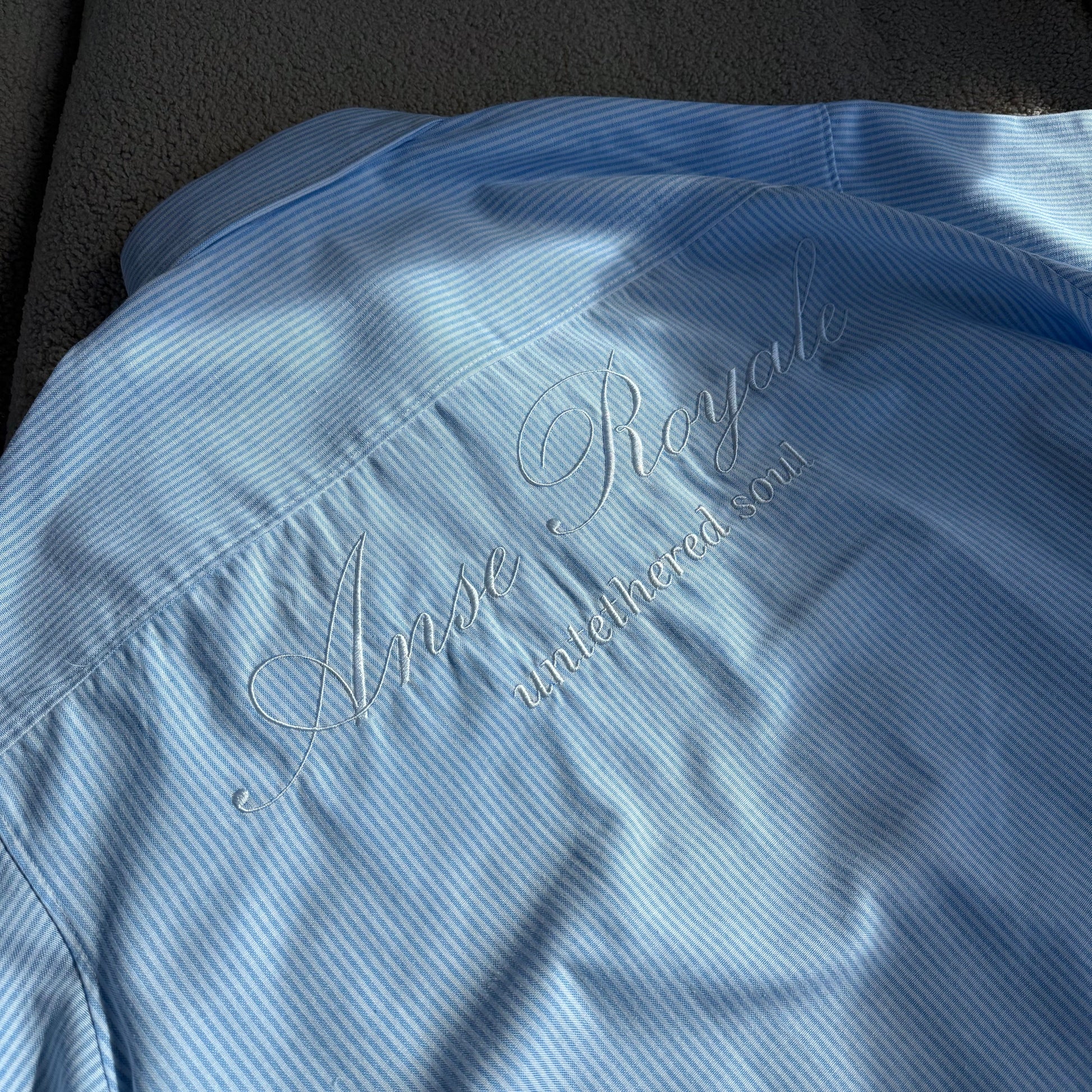 Duo Stripe Untethered Soul - Light Blue with White Embroidery - Premium Shirts & Tops from ANSE ROYALE - Shop now at ANSE ROYALE