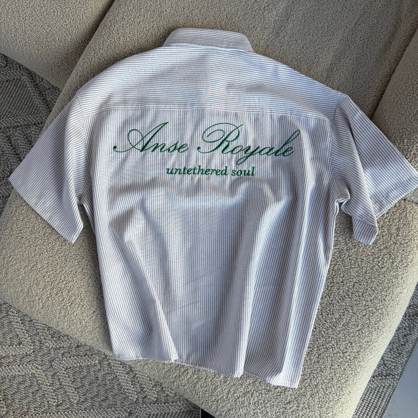 Duo Stripe Untethered Soul - White with Forrest Green Embroidery - Premium Shirts & Tops from ANSE ROYALE - Shop now at ANSE ROYALE