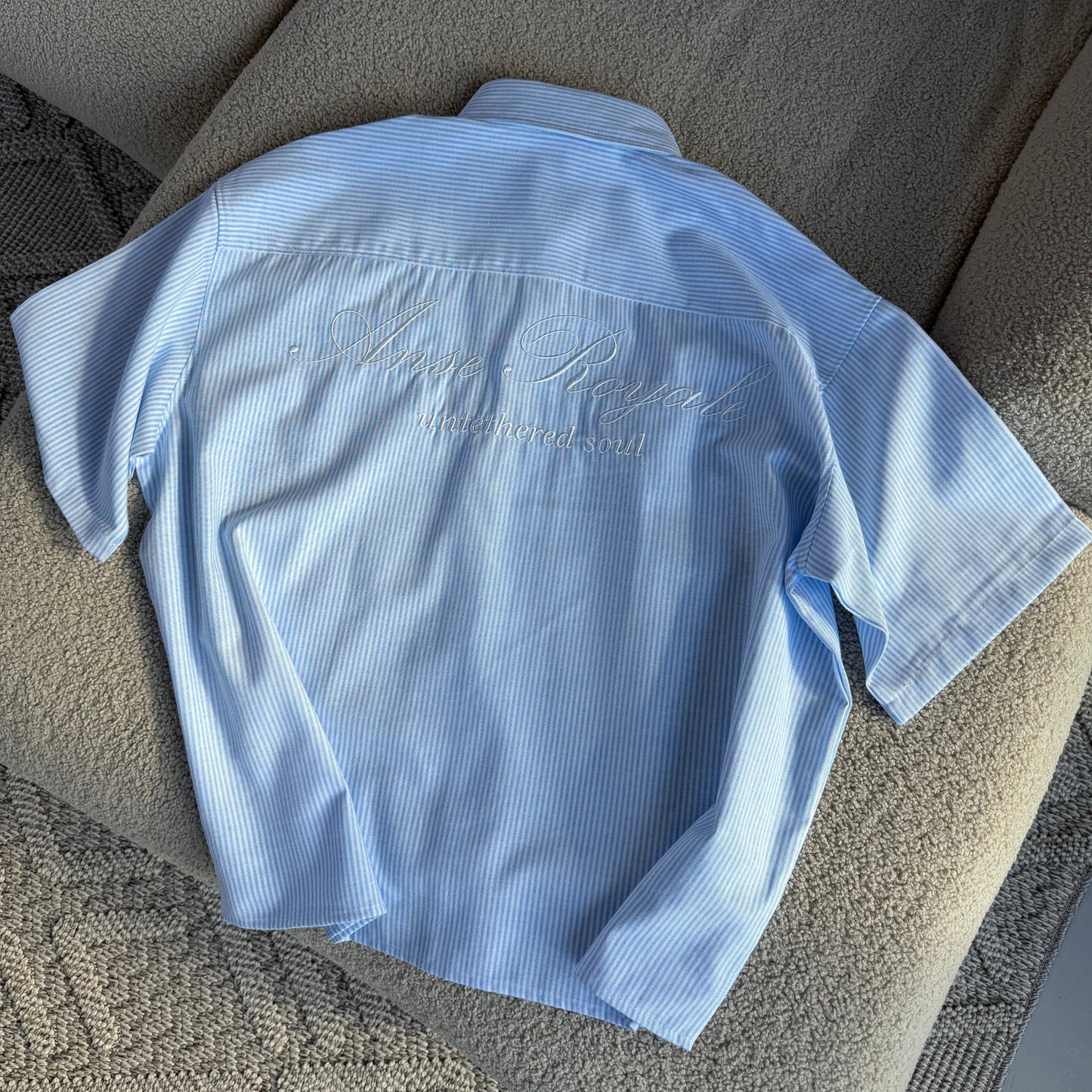 Duo Stripe Untethered Soul - Light Blue with White Embroidery - Premium Shirts & Tops from ANSE ROYALE - Shop now at ANSE ROYALE