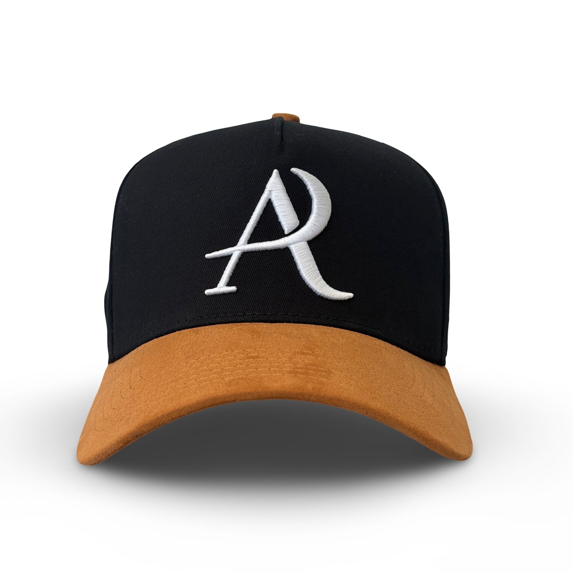 Black and brown cap with a white logo on a white background